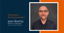 Promotional graphic with MacLellan branding showing a headshot of Jason Bowling wearing glasses and a dark polo shirt with the company logo, alongside text reading “Promotion Announcement – Jason Bowling, Director of Operations, East and South Regions."